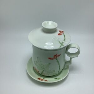 Teavana Porcelain InfuserTea Cup 10 oz Floating Lotus Infuser Cup Lid Saucer